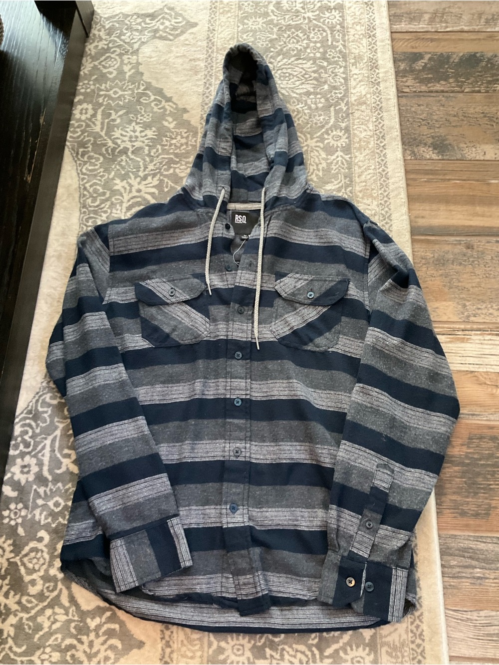RSQ Navy and Gray Striped Hooded Button-Up
